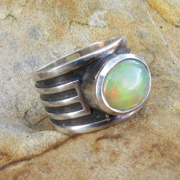 Beautiful Flashy Sterling Silver Large Opal Ring Wide Band Size 7 Fits 6.5-6.75 - Picture 11 of 16